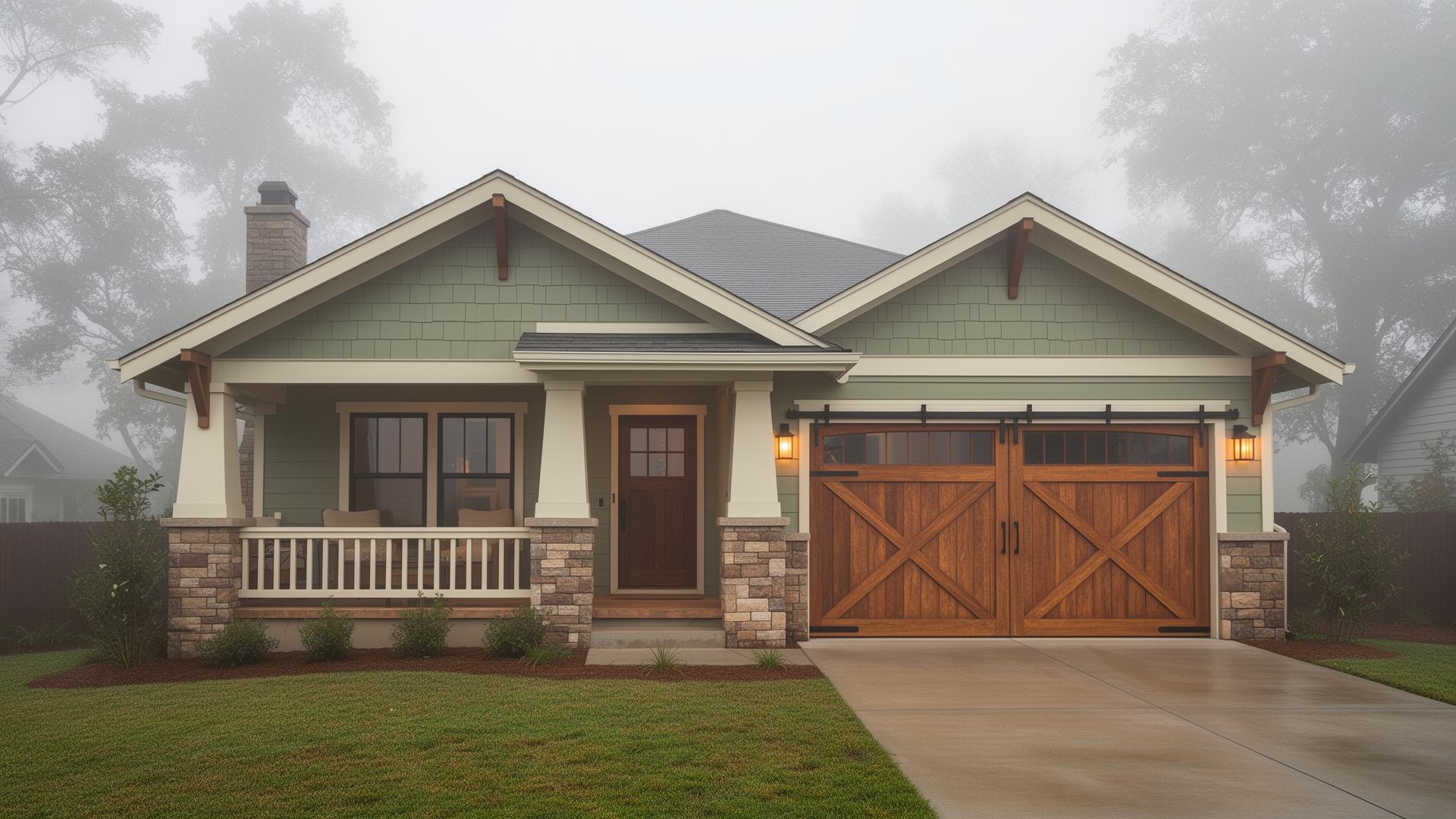 Beautiful craftsman home with farmhouse barn-style garage doors featuring X-pattern design